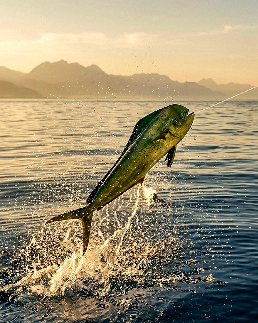 A dorado leaping out of the water on a fishing line off Ras Al Khaimah at sunrise